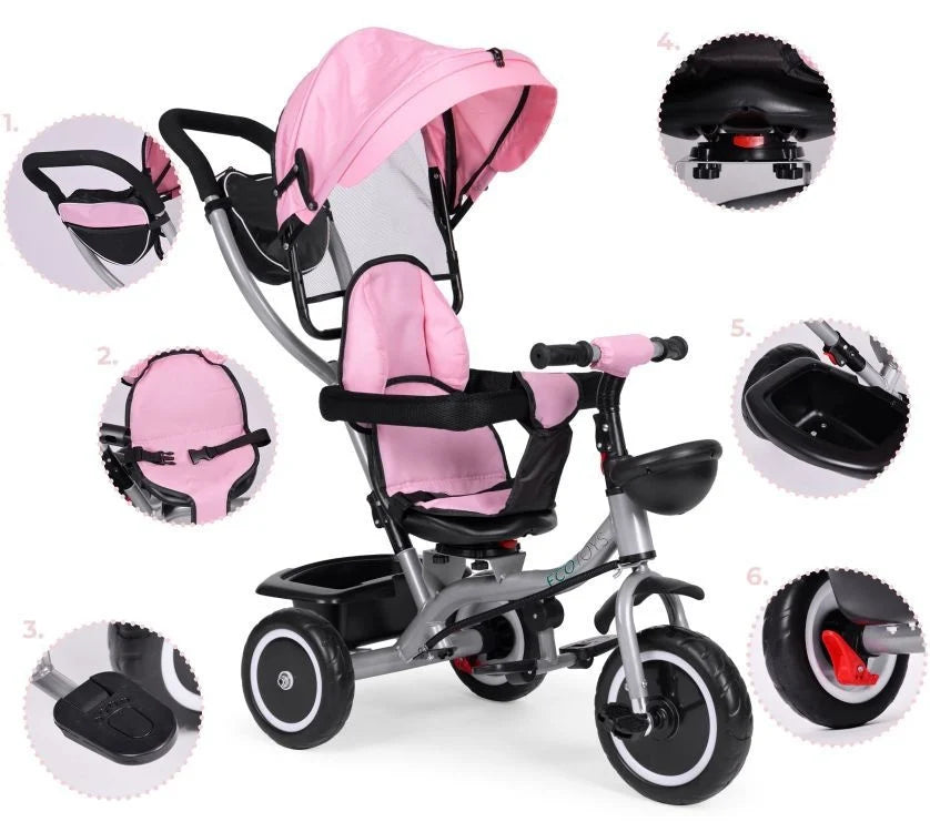 2u1 tricikl sa rotirajućim sedištem i sklopivom tendom Pink, ECOTOYS