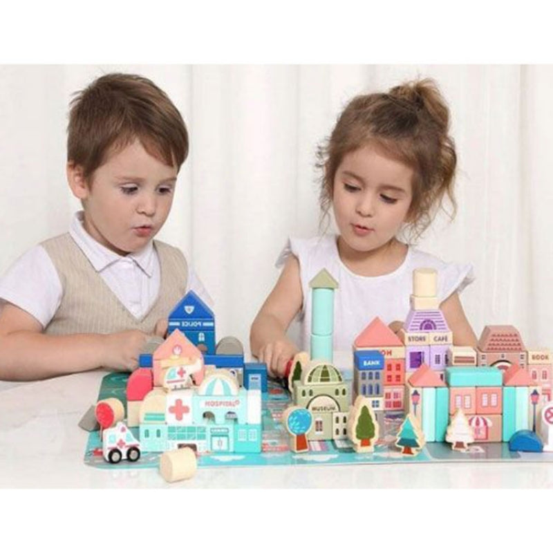 Eco Toys drvene edukativne kocke City sa podlogom 115 delova