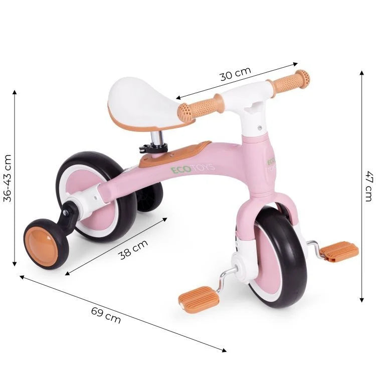 Ecotoys balans bicikl sa pedalama i pomoćnim točkovima 3u1 pink