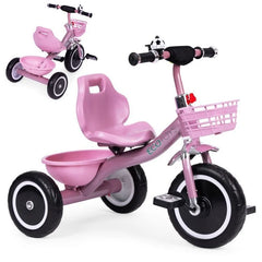 Tricikl sa neklizajućim rukohvatima, zvoncem i korpom, Pink, ECOTOYS