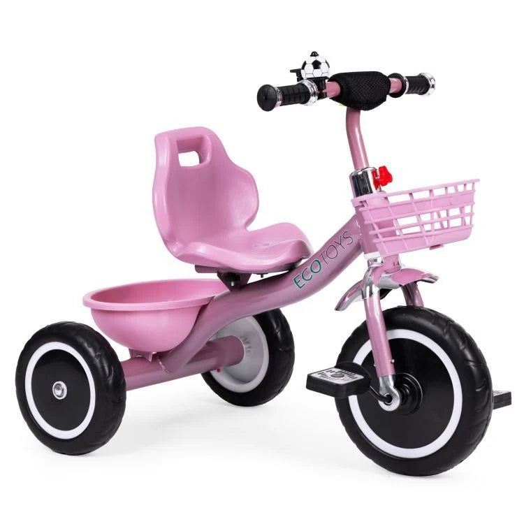 Tricikl sa neklizajućim rukohvatima, zvoncem i korpom, Pink, ECOTOYS