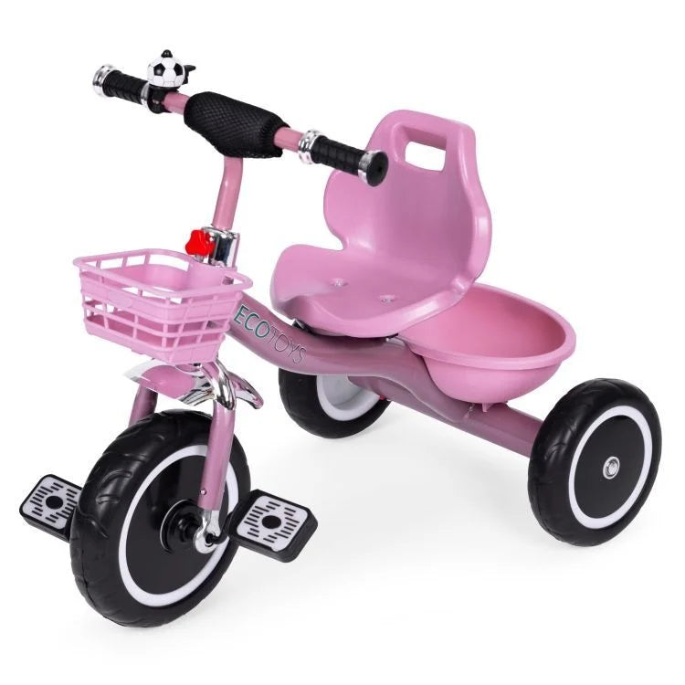 Tricikl sa neklizajućim rukohvatima, zvoncem i korpom, Pink, ECOTOYS