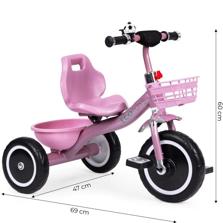 Tricikl sa neklizajućim rukohvatima, zvoncem i korpom, Pink, ECOTOYS
