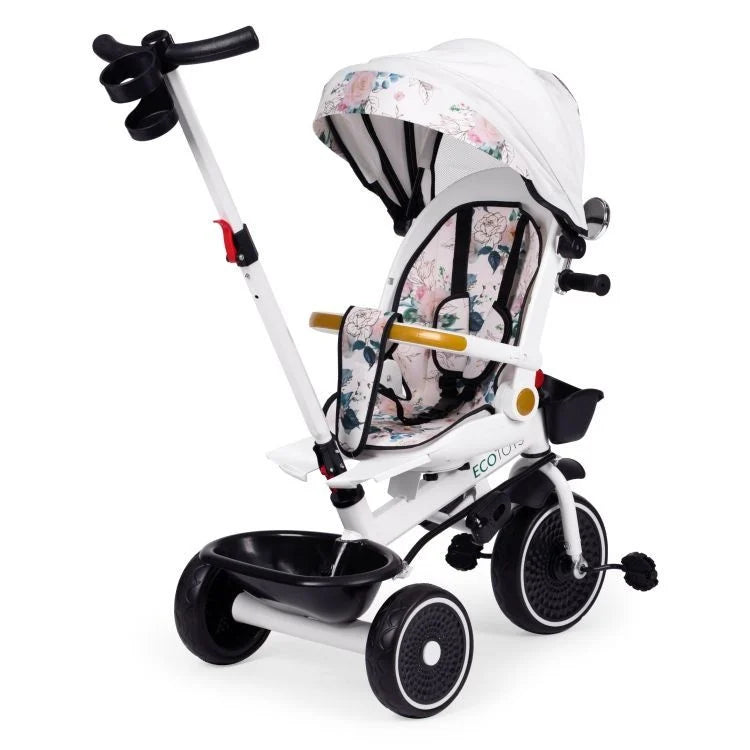 Tricikl za decu sa rotirajućim sedištem, gurajućim rukohvatom i tendom white, ECOTOYS