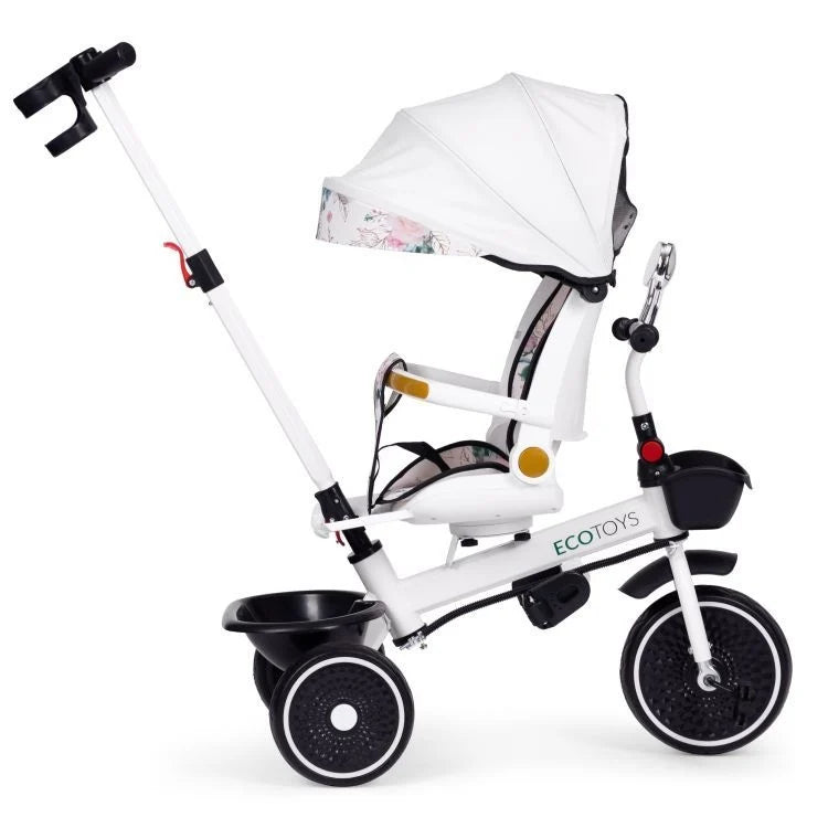 Tricikl za decu sa rotirajućim sedištem, gurajućim rukohvatom i tendom white, ECOTOYS
