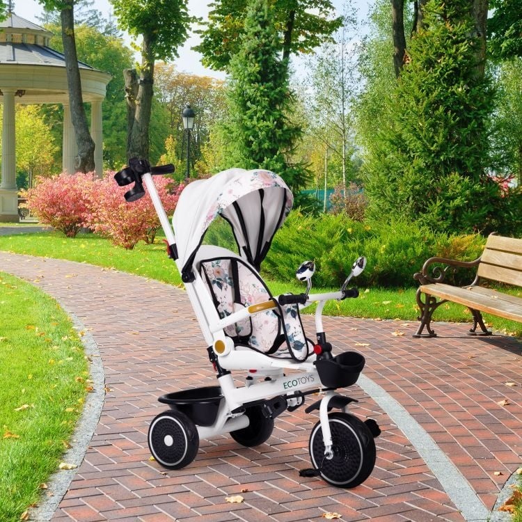 Tricikl za decu sa rotirajućim sedištem, gurajućim rukohvatom i tendom white, ECOTOYS