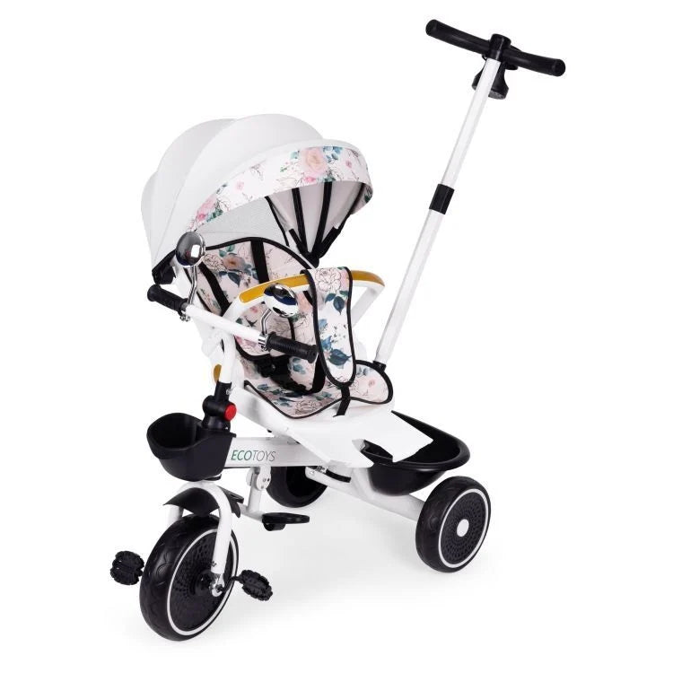 Tricikl za decu sa rotirajućim sedištem, gurajućim rukohvatom i tendom white, ECOTOYS