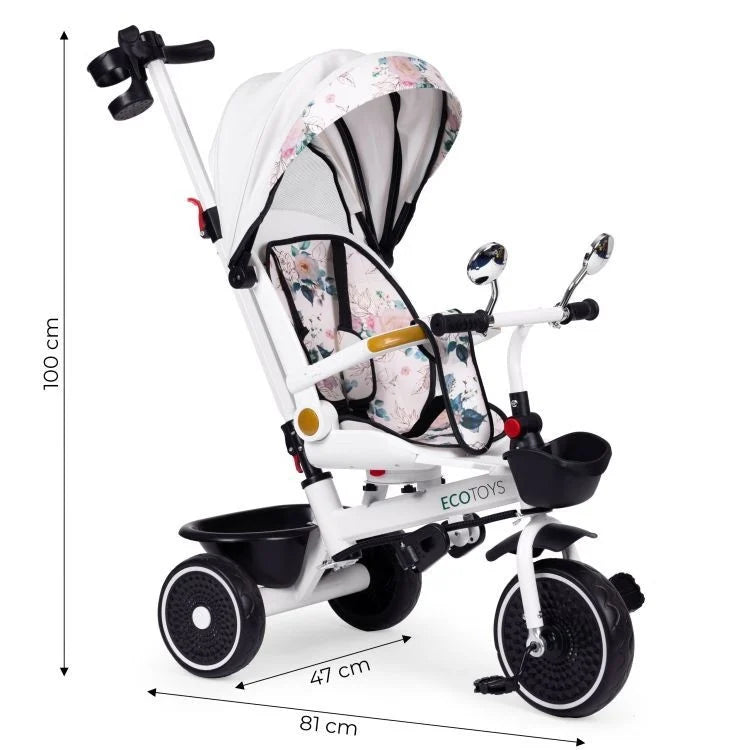 Tricikl za decu sa rotirajućim sedištem, gurajućim rukohvatom i tendom white, ECOTOYS
