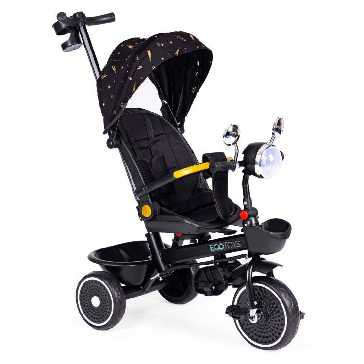 Tricikl za decu sa rotirajućim sedištem, gurajućim rukohvatom i tendom black, ECOTOYS