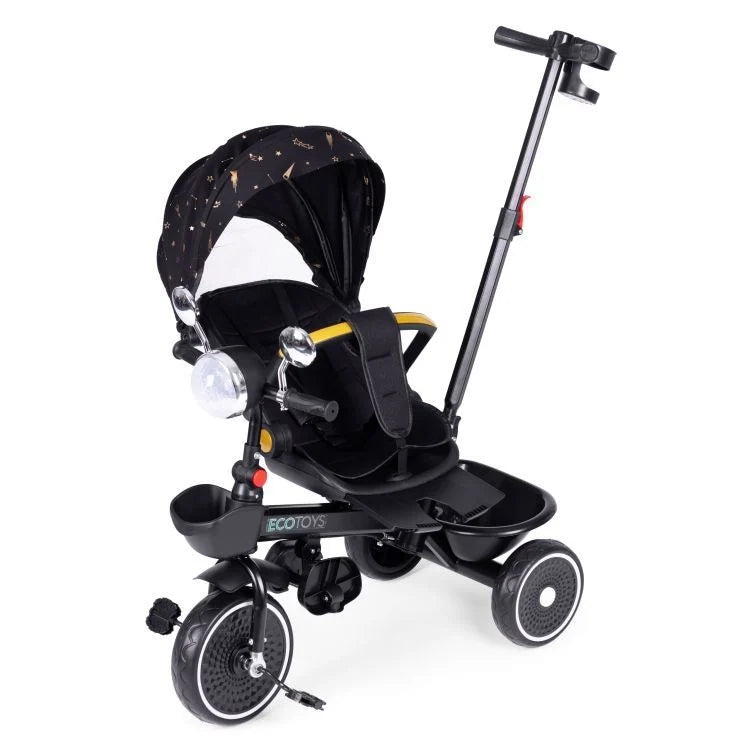 Tricikl za decu sa rotirajućim sedištem, gurajućim rukohvatom i tendom black, ECOTOYS