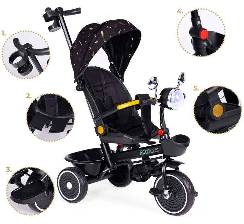 Tricikl za decu sa rotirajućim sedištem, gurajućim rukohvatom i tendom black, ECOTOYS