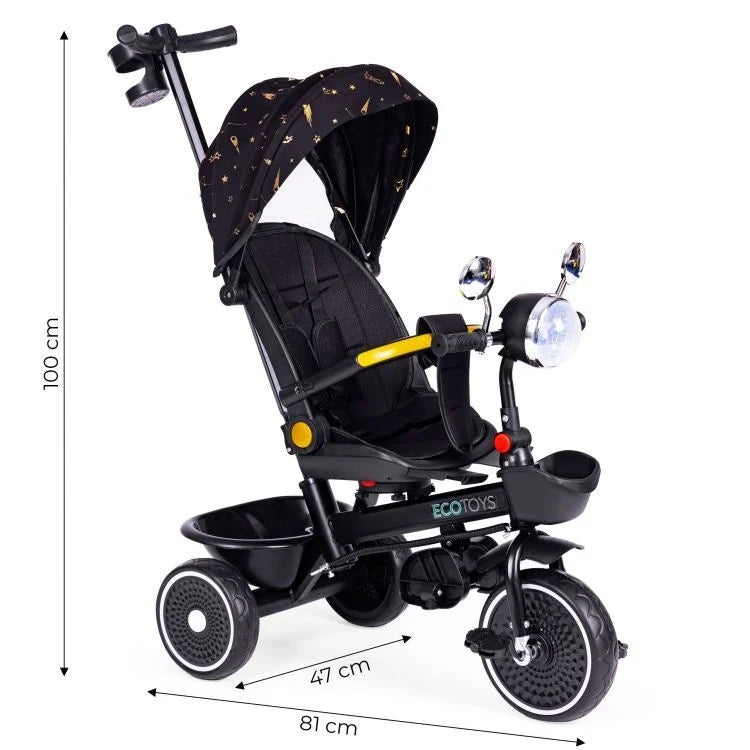 Tricikl za decu sa rotirajućim sedištem, gurajućim rukohvatom i tendom black, ECOTOYS